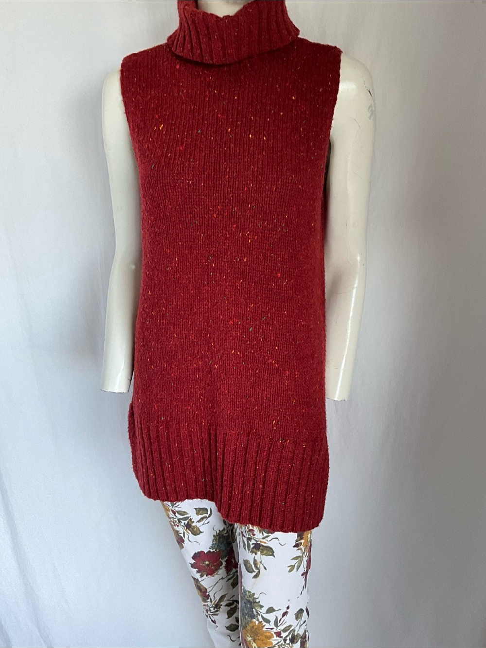 Cynthia Rowley Wool Blend Tunic Sweater Vest L Rust Donegal Fleck Turtleneck